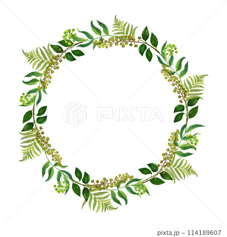 Wreath of branches and leaves on a white background for wedding, getting cards 114189607