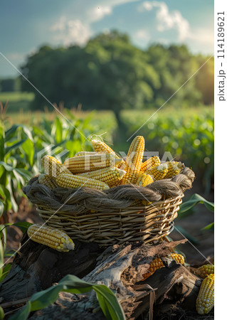A basket of corn sits on a log under the sky in...のイラスト素材 [114189621 ...