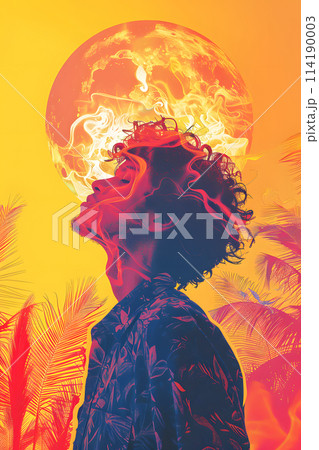 An artist is standing in front of a full moon with smoke coming out of his head, creating a fiery and intense visual arts event with orange flames and heat 114190003