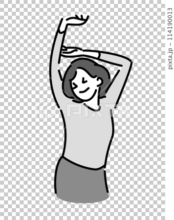 両手を上にあげて伸びをする女性 114190013