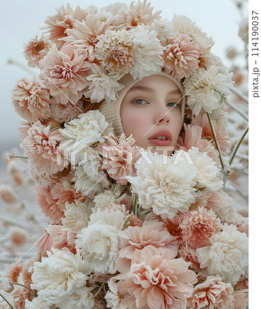 A woman is creatively wearing a flower hat with white and pink petals, showcasing the beauty of a flowering plant from the rose family on her head 114190037