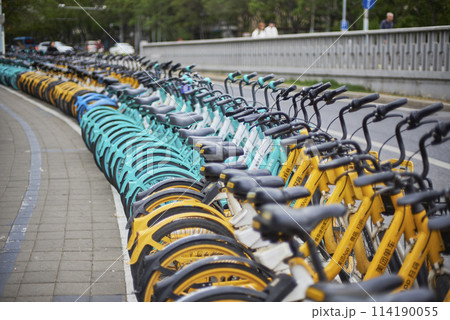 Rows of public bicycles operated by app sharing system in Beijing, China Rows of public bicycles operated by app sharing system in Beijing, China 114190055