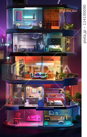 A majestic building adorned with an electric blue facade, featuring numerous rooms for entertainment and events. The display devices showcase vibrant magenta fonts 114190090