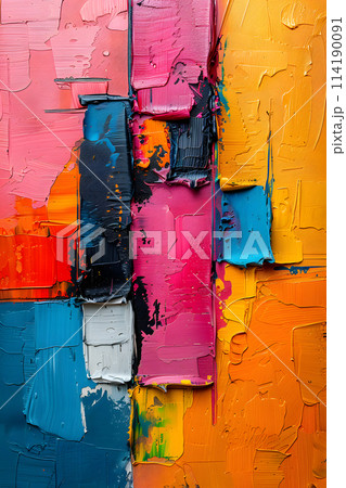 Vivid colors splash across a large canvas on the wall, with hues of azure, orange, and more creating a mesmerizing display of creative arts on wood 114190091