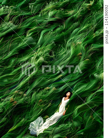 A woman in a white dress is peacefully resting among the terrestrial plants in a lush green grassland, surrounded by the beauty of nature 114190092