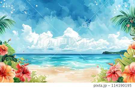 ハイビスカスと青い海 114190195