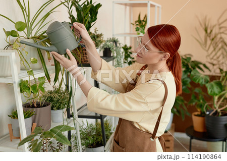 Side view portrait of young red haired woman watering green plants while working in flower shop copy space Side view portrait of young red haired woman watering green plants while working in flower shop copy space 114190864