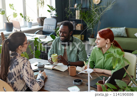 Diverse creative business team enjoying work at meeting table in green eco friendly office with plants 114190886