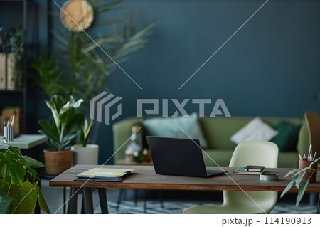 Background image of modern office interior with laptop on wooden desk and teal wall with green live plants copy space Background image of modern office interior with laptop on wooden desk and teal wall with green live plants copy space 114190913