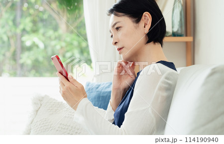 リビングでスマホを使う女性 114190940