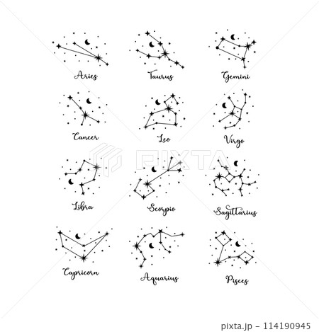 12 zodiac constellations set with moon and stars on white background 114190945