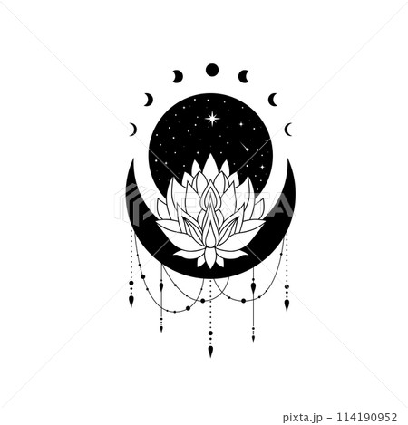 Lotus flower with crescent moon and stars, vector blooming lotus, floral magic moon. Lotus logo Lotus flower with crescent moon and stars, vector blooming lotus, floral magic moon. Lotus logo 114190952