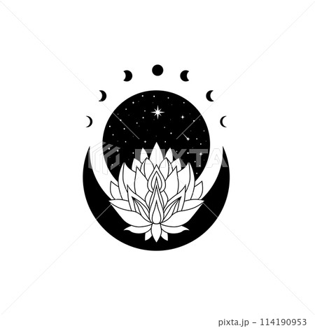 Lotus flower with crescent moon and stars, vector blooming lotus, floral magic moon. Lotus logo Lotus flower with crescent moon and stars, vector blooming lotus, floral magic moon. Lotus logo 114190953