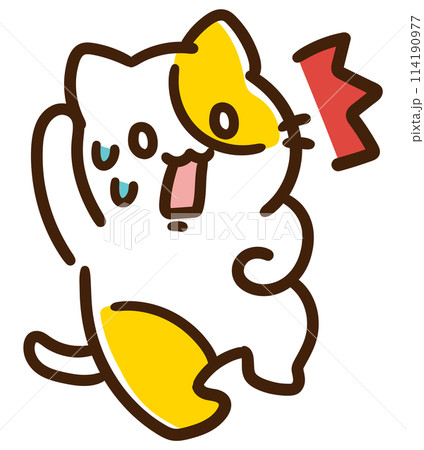全身でびっくりしたポーズをするかわいいねこのキャラクターのコミカルなイラスト 114190977
