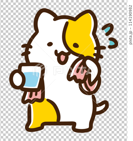 一個可愛的貓角色出汗和補水的變形插圖 114190982