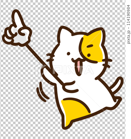 A deformed illustration of a cute cat character holding a pointing stick 114190984