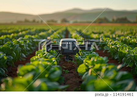 Agricultural drone flies over crops. Using the latest technologies Agricultural drone flies over crops. Using the latest technologies 114191461