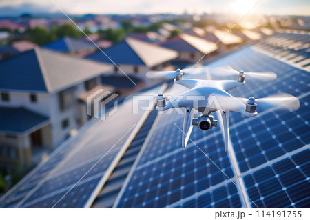 屋根のソーラーパネルを点検するドローン 屋根のソーラーパネルを点検するドローン 114191755