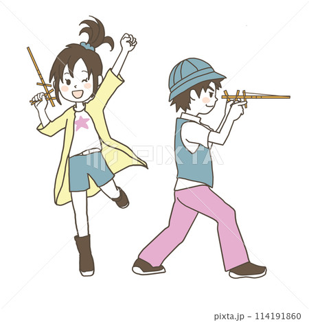 手作りおもちゃ割りばし鉄砲で当てて喜ぶ女の子・狙いを定める男の子　スモーキーカラーのイラスト 114191860
