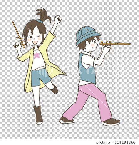 A girl is happy to hit something with a handmade toy chopstick gun and a boy is aiming. Smoky color illustration 114191860