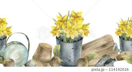 Yellow daffodils in metal garden bucket, vintage watering can, flower pot and bulbs seamless border. Watercolor banner with flowers and garden tools for magazine, product packing, stationery design Yellow daffodils in metal garden bucket, vintage watering can, flower pot and bulbs seamless border. Watercolor banner with flowers and garden tools for magazine, product packing, stationery design 114192016