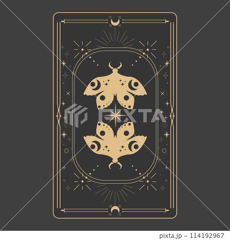 Tarot reverce border magic sacred cover card frame gold line border celelstial mystery esoteric decoration with moth stars and moon on dark background. Tarot reverce border magic sacred cover card frame gold line border celelstial mystery esoteric decoration with moth stars and moon on dark background. 114192967