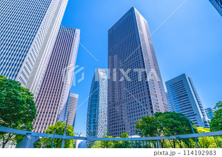 日本の東京都市景観　新宿。新宿警察署裏交差点の西新宿サインリングや超高層ビル群などを望む＝4月28日 114192983
