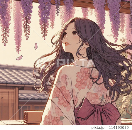 藤の花を見上げる女性 114193059