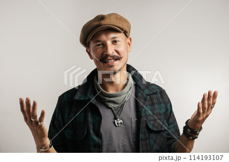 Caucasian man with mustache with doubt expression, confuse and wonder concept. Caucasian man with mustache with doubt expression, confuse and wonder concept. 114193107