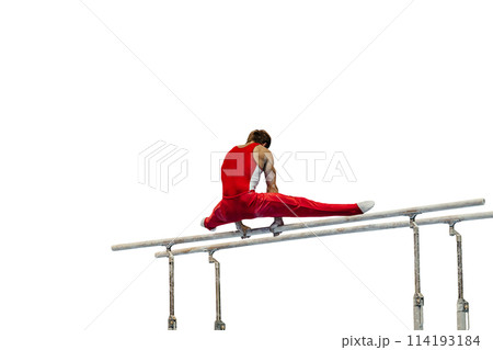 male gymnast exercising on parallel bars, isolated on white background male gymnast exercising on parallel bars, isolated on white background 114193184