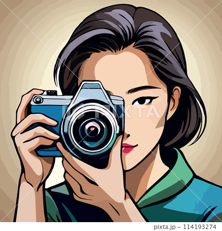 カメラを構える凛々しい女性カメラマン 114193274