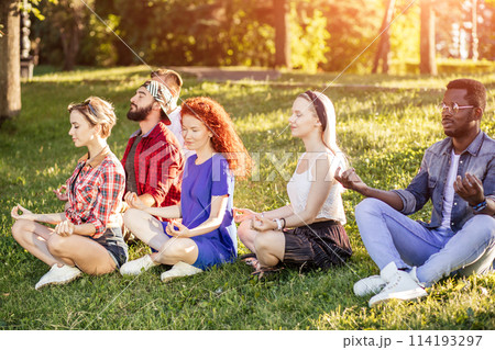Group of adult friends meditating while practicing yoga outside in park. Group of adult friends meditating while practicing yoga outside in park. 114193297
