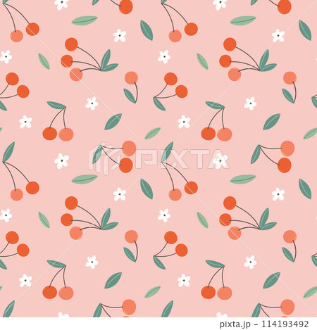 cute summer pattern with cherry flowers on a pink background. 114193492