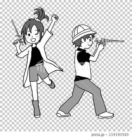 A girl is happy to hit something with a handmade toy chopstick gun and a boy is taking aim. Monochrome illustration A girl is happy to hit something with a handmade toy chopstick gun and a boy is taking aim. Monochrome illustration 114193583
