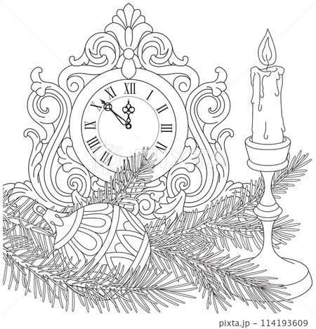 Antique table clock with burning candle. Winter holiday illustration, Antique table clock with burning candle. Winter holiday illustration, 114193609