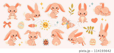 Bunny sticker set. Hand drawn cartoon stickers with animals and floral decor 114193642