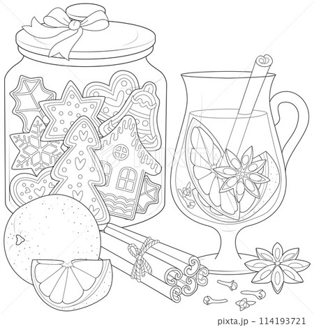 Christmas sweets with mulled wine in glass with citrus and spices isolated on white background.  114193721