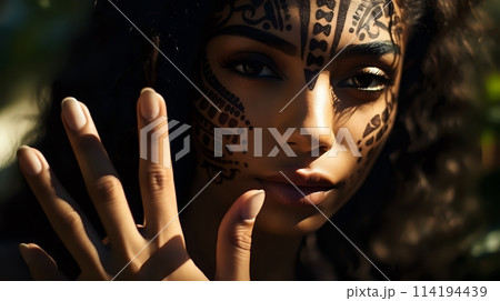 A beautiful woman with tribal markings on her face and hands 114194439