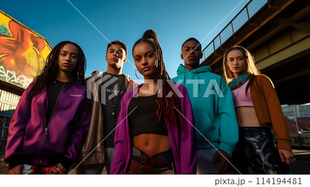 A group of diverse young people standing together and looking at 114194481