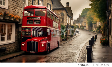 A red doubledecker bus drives through the narrow streets of a qu 114194489