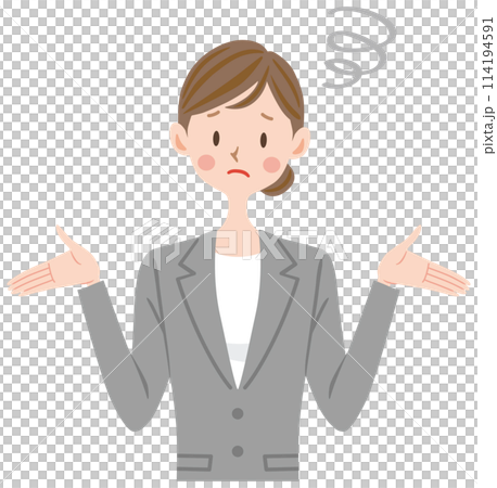 A woman in a gray suit with a troubled expression, giving up 114194591