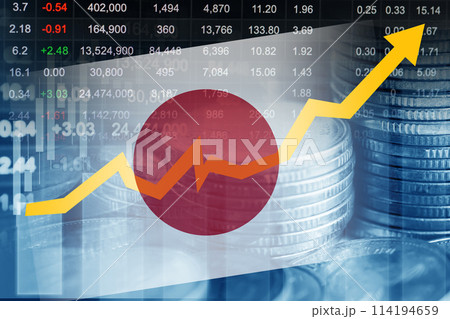 Japan flag with stock market finance, economy trend graph digital technology. 114194659