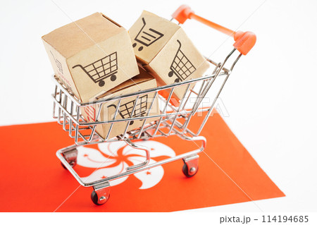 Online shopping, Shopping cart box on Hong Kong flag, import export, finance commerce. 114194685