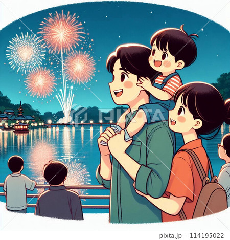 花火を見上げる親子 114195022