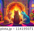 暖炉の前でくつろぐ3匹の猫｜著作権問題クリアadobeAI生成画像を編集 114195071