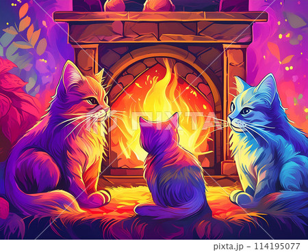 暖炉の前でくつろぐ3匹の猫｜著作権問題クリアadobeAI生成画像を編集 114195077