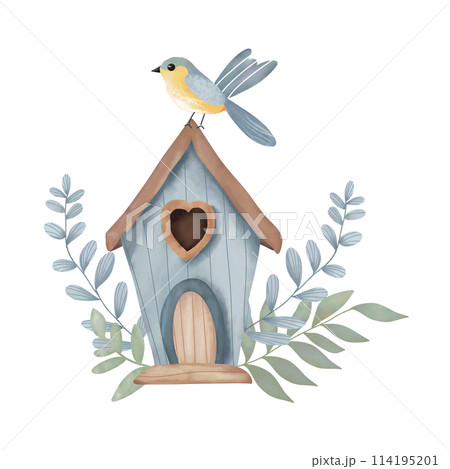 Blue wooden bird house watercolor illustration. 114195201