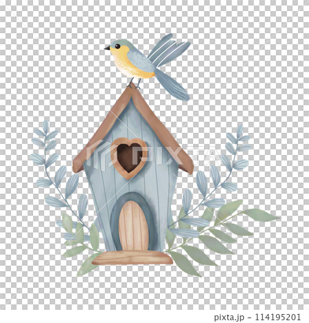 Blue wooden bird house watercolor illustration. 114195201