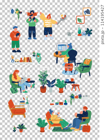 リビングでくつろぐ人々の手描きイラスト 114195427
