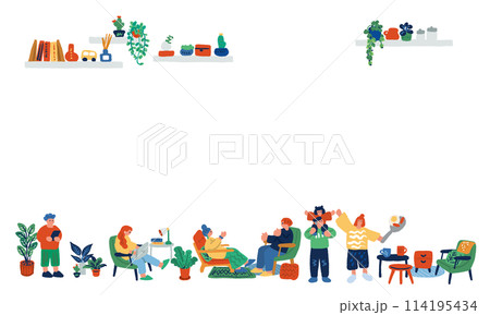 リビングでくつろぐ人々の手描きイラスト リビングでくつろぐ人々の手描きイラスト 114195434